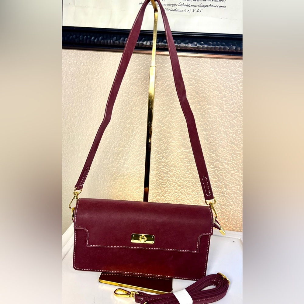 New Burgundy Suede Leather Crossbody/Shoulder Bag w/ Detachable Strap - Picture 2 of 7